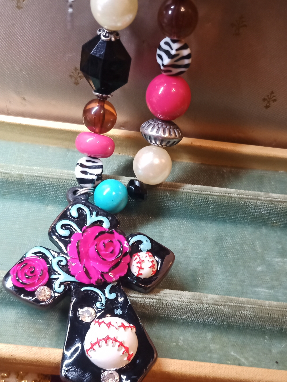 Colorful Beaded Cross Necklace with Pink Rose Accent And Earrings